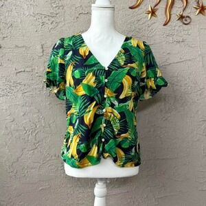 Old‎ Navy Womens Top Small Button-Up Banana Print Tropical Short Sleeve Shirt